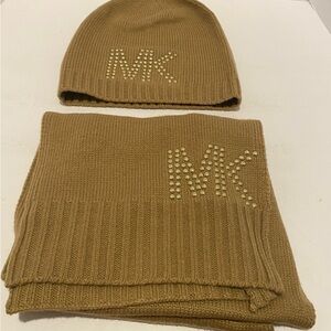 Michael Kors Brown Knit Beanie and Scarf Set